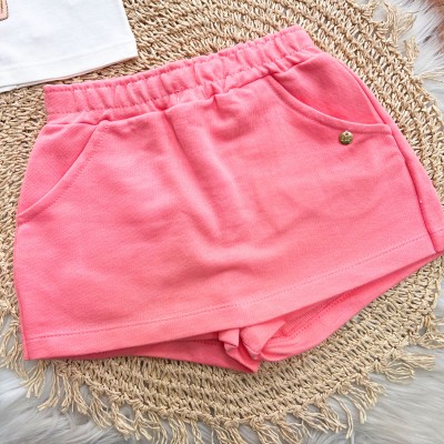 Conj. Blusa Laço com Borboletas e Short Saia - Off White e Rose